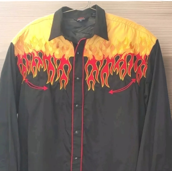 Roper Rockabilly Pearl Snap Shirt Men XL Embroidered Patch Flames Smiley Pockets - Picture 6 of 10